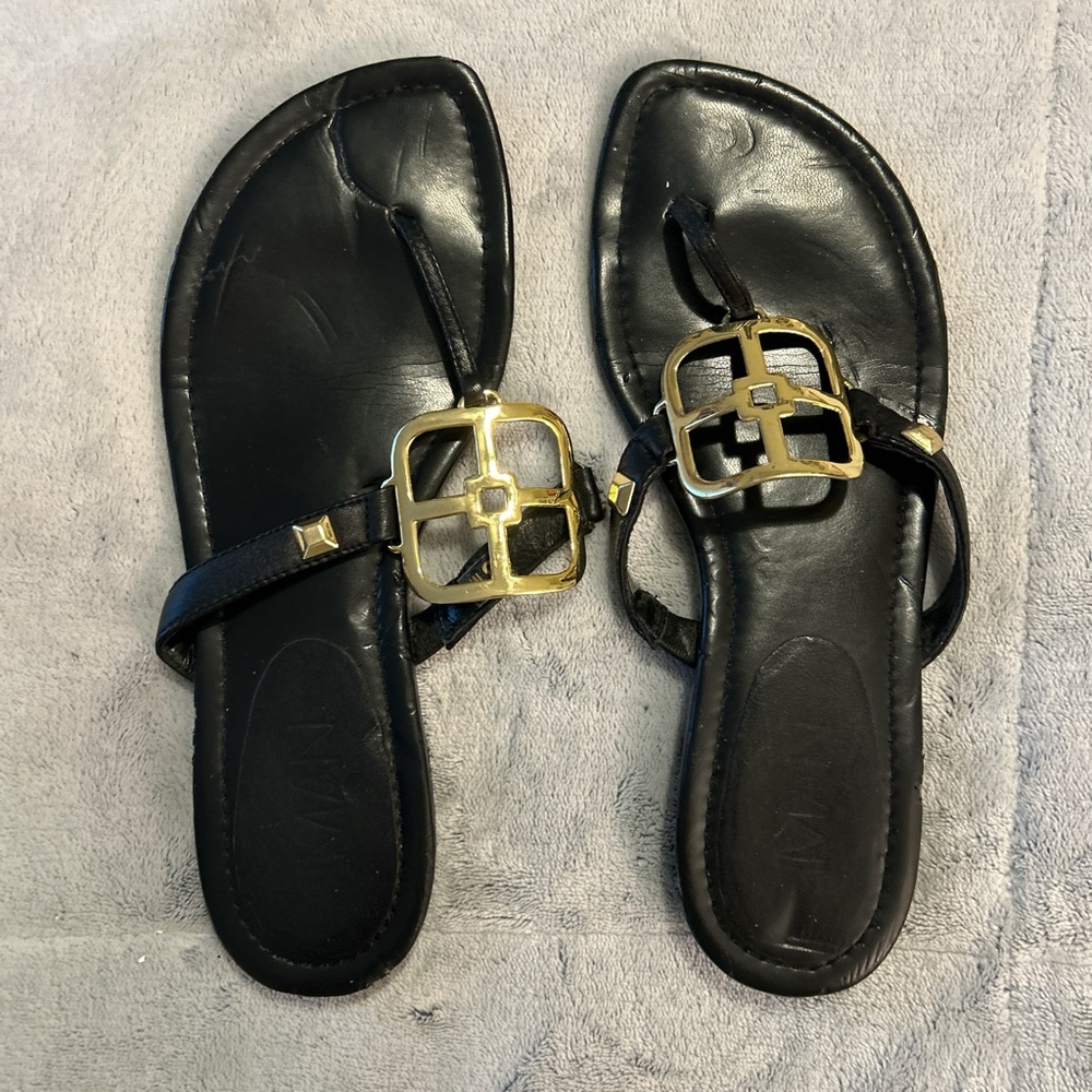 IMAN Elegant Black Leather Sandals with Gold Buckles